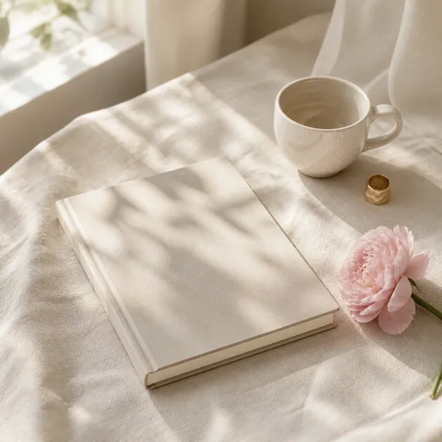 Carnet ivoire, tasse en céramique et fleur rose dans la lumière du matin