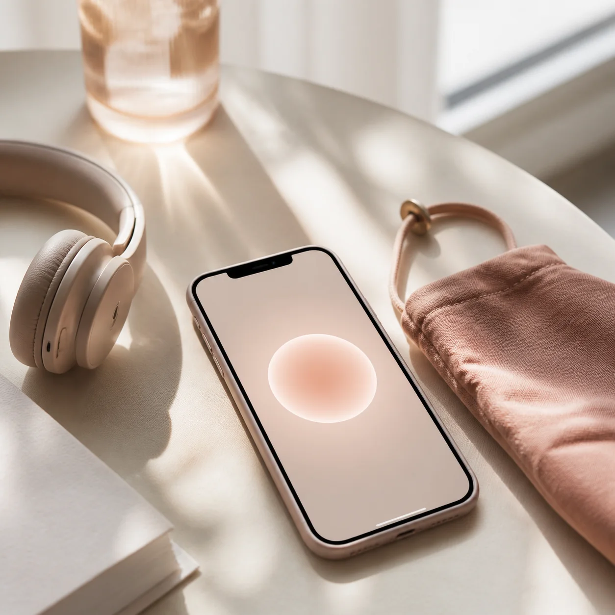 Téléphone, casque audio et pochette rose posés sur une table claire